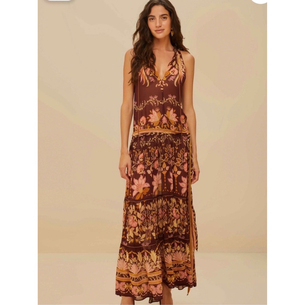 Farm Rio Maxi Dress Women Medium Burgundy Floral Tiered Beaded Tassel Boho